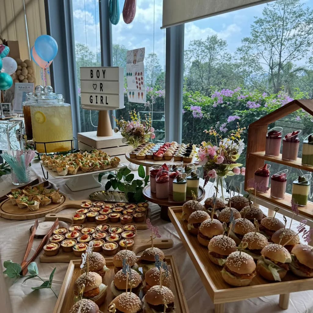 Beautiful dessert table with mini burgers, dessert cups, and elegant presentation